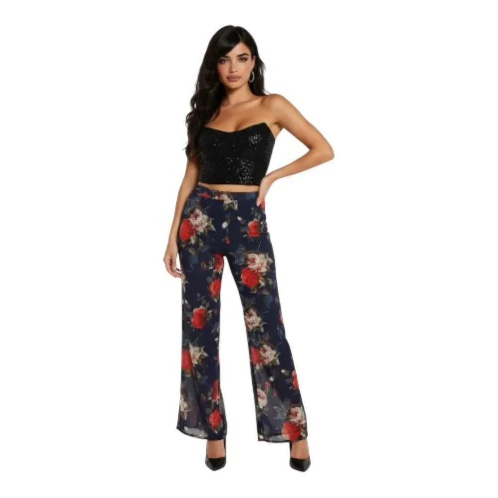 Misguided Navy Floral Semi Sheer Flare BOHO Pants NEW WITH TAGS - Picture 2 of 8